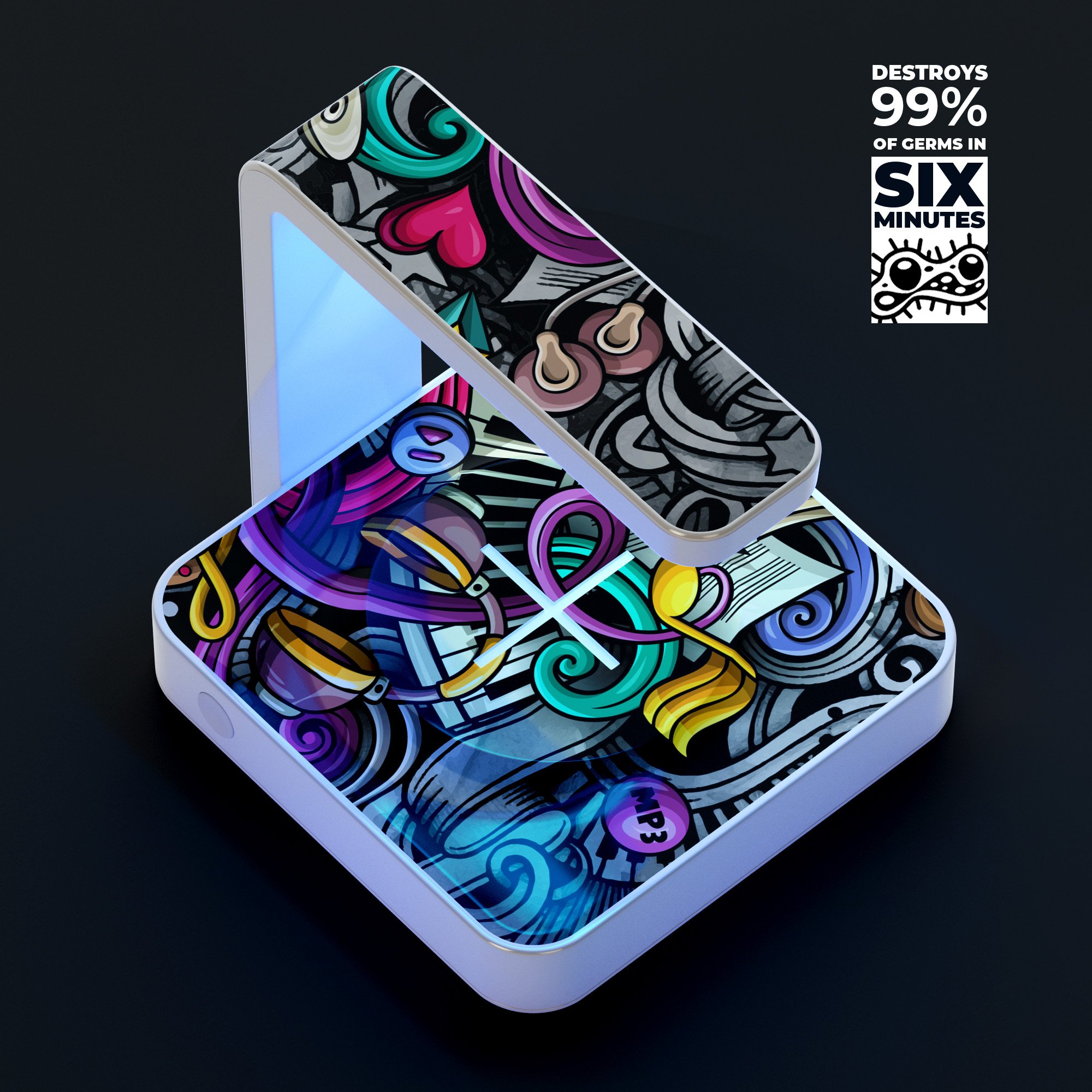Abstract Cartoon Music Doodles UV Germicidal Sanitizing Sterilizing charger with a decorative skin, showcasing its wireless charging and sterilizing features.